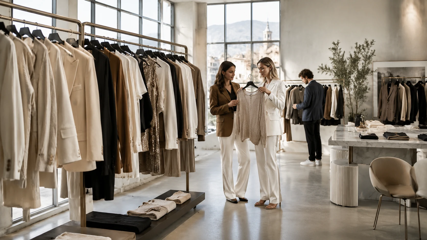 Elegant Prato fast fashion showroom with women’s apparel and wholesale atmosphere