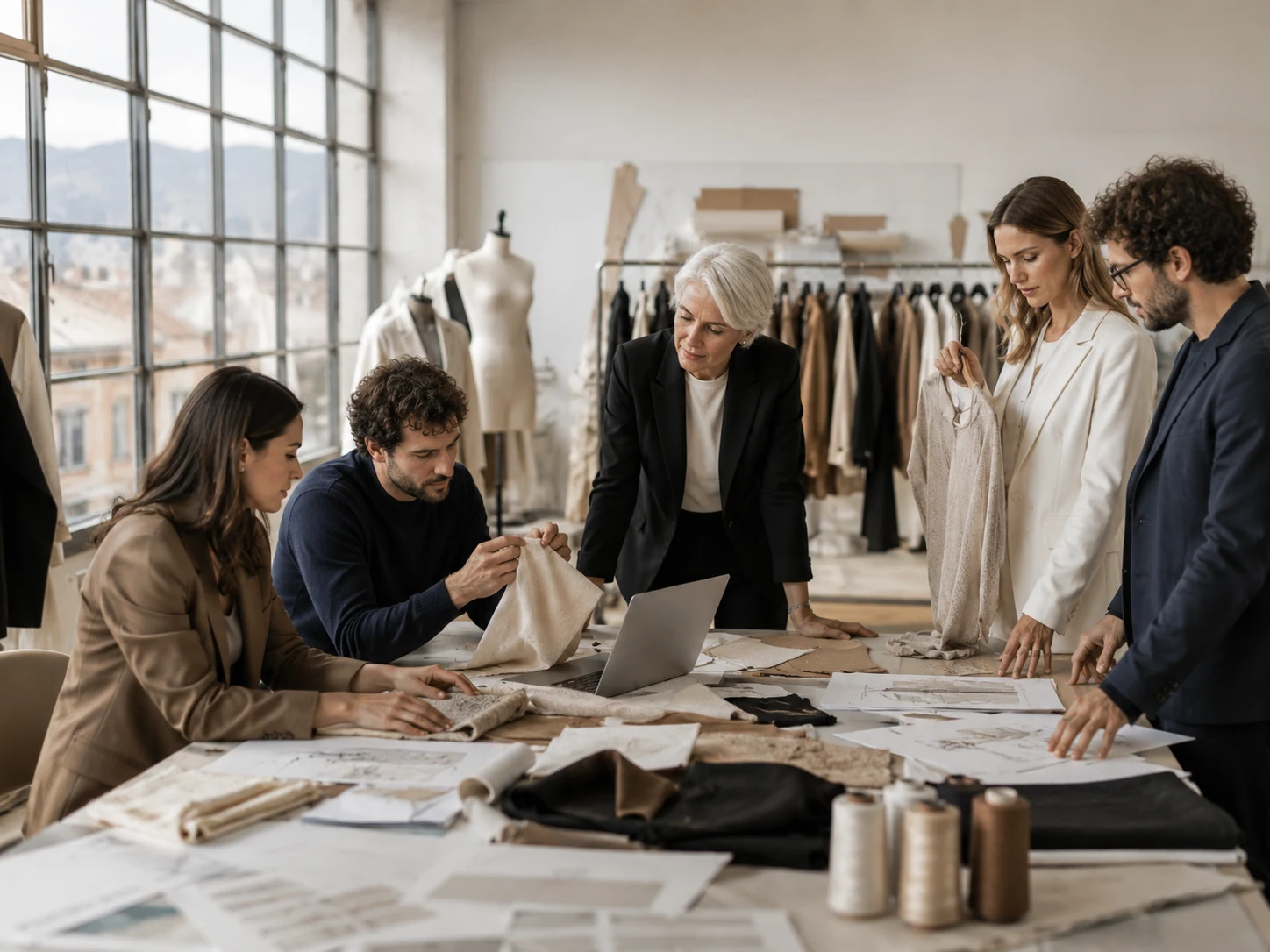Italian fashion development team reviewing Prato fast fashion samples